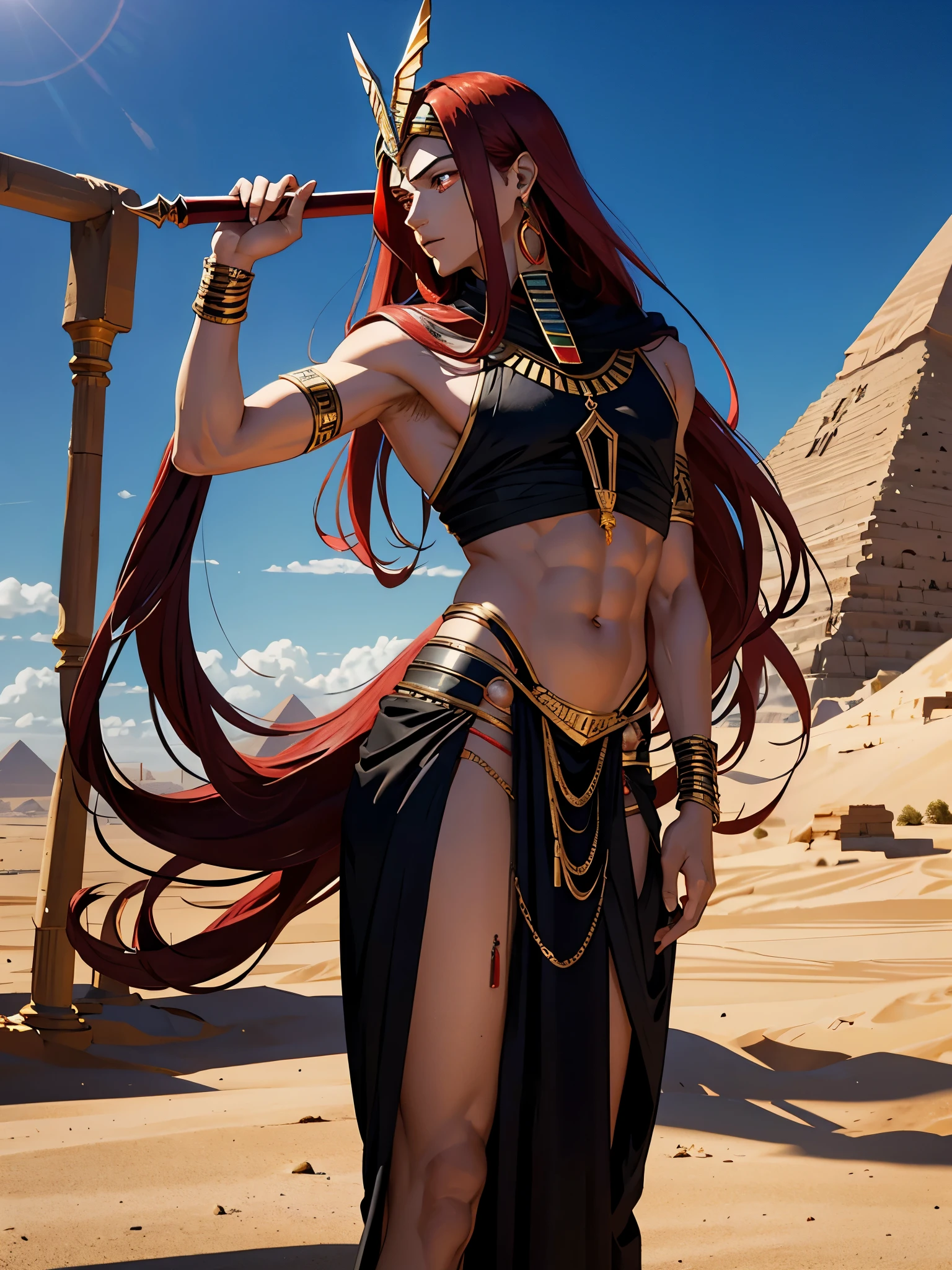 Egyptian deity Seth. long red hair, black colored clothes, silver jewelry. light skin. Desert. Thron. Belly-free.