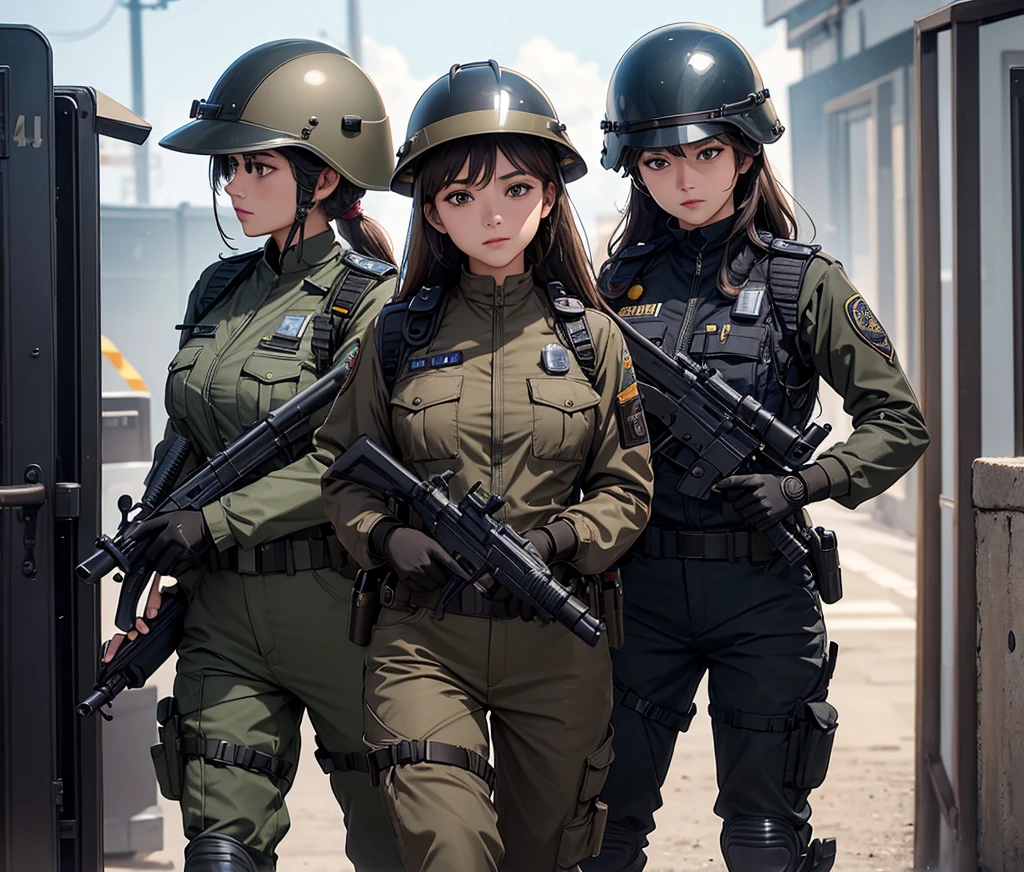 A group of policewomen、Wear all brown、Full helmet、Military Pants、Police suit、Alert with guns、Write details、masterpiece、best quality、Highly detailed CG、8K picture quality