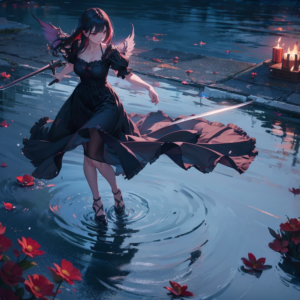 1 dark angel dancing on the lake, flowers and sword, splashed water, dimaond, smoke, lolita long dress, rage, bloody, 8k, hd, unreal engine, dreamy, romantic