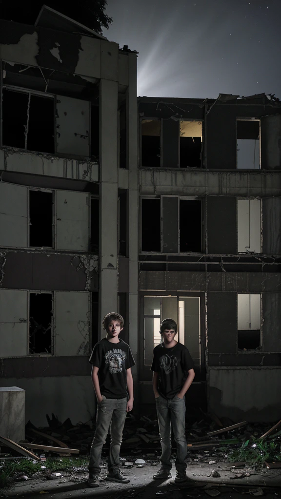 2 teenage boys are standing outside of the abandoned building at night. Old building. Dark night .2 teenage boys