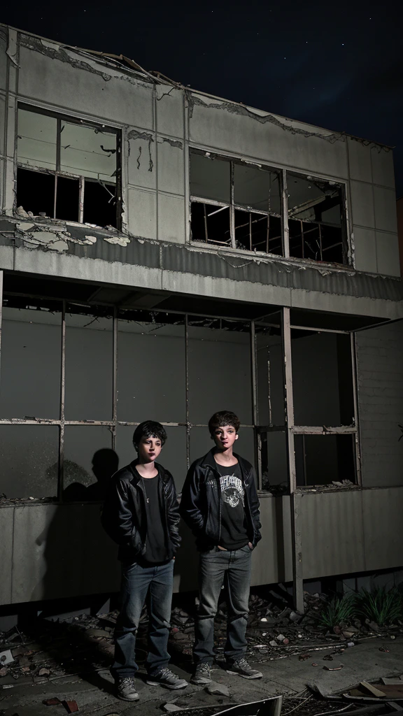 2 teenage boys are standing outside of the abandoned building at night. Old building. Dark night .2 teenage boys