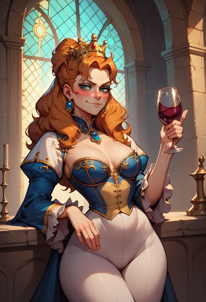 1woman, in a castle dungeon, holding glass of wine, seductive smirk,blushing, medium breasts, wide hips, big ass, Anna Henrietta, nighttime