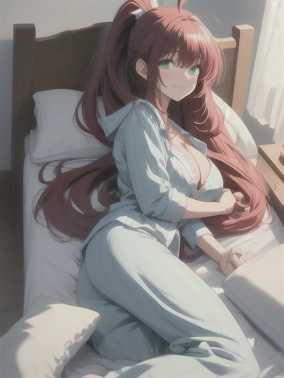 masterpiece, Highest quality, Official Art, (Highly detailed CG Unity 8k wallpaper), Detailed Background, (The Hands of Guido Daniele: 1.1), The legs are off the frame, First Person View, 1, Attractive and perfect beautiful woman, Lying face down on the bed, Turn back, (Curvaceous), (((sleepy: 1.14))), (Stick your butt out, pajamas, Nightwear, underwear, White thighs: 1.12), ( Red long hair: 1.12), (Ahoge: 1.13), (High Ponytail: 1.12), (Green Eyes: 1.13), Behold the Beholder, big, (Cleavage), Beautiful Face, (blush: 1.11), (smile: 1.11)