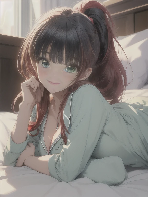 masterpiece, Highest quality, Official Art, (Highly detailed CG Unity 8k wallpaper), Detailed Background, (The Hands of Guido Daniele: 1.1), The legs are off the frame, First Person View, 1, Attractive and perfect beautiful woman, Lying face down on the bed, Turn back, (Curvaceous), (((sleepy: 1.14))), (Stick your butt out, pajamas, Nightwear, underwear, White thighs: 1.12), ( Red long hair: 1.12), (Ahoge: 1.13), (High Ponytail: 1.12), (Green Eyes: 1.13), Behold the Beholder, big, (Cleavage), Beautiful Face, (blush: 1.11), (smile: 1.11)