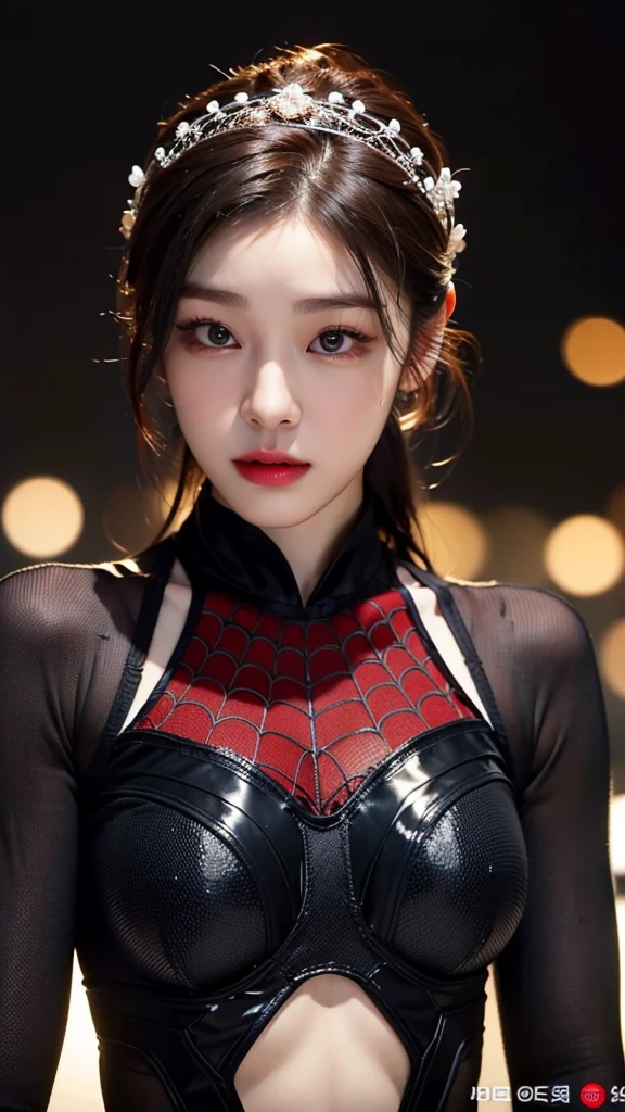 tmasterpiece,1 Chinese girl，realisticlying，8K  UHD，high high quality，in the background bokeh，Delicate headdress, spider-man suit，Spidey，Clothes wrap around the whole body，Tight clothing，Abs contour，Short black hair，s the perfect face，shining face，Ultra-clear face，Elaborate Eyes，idoly