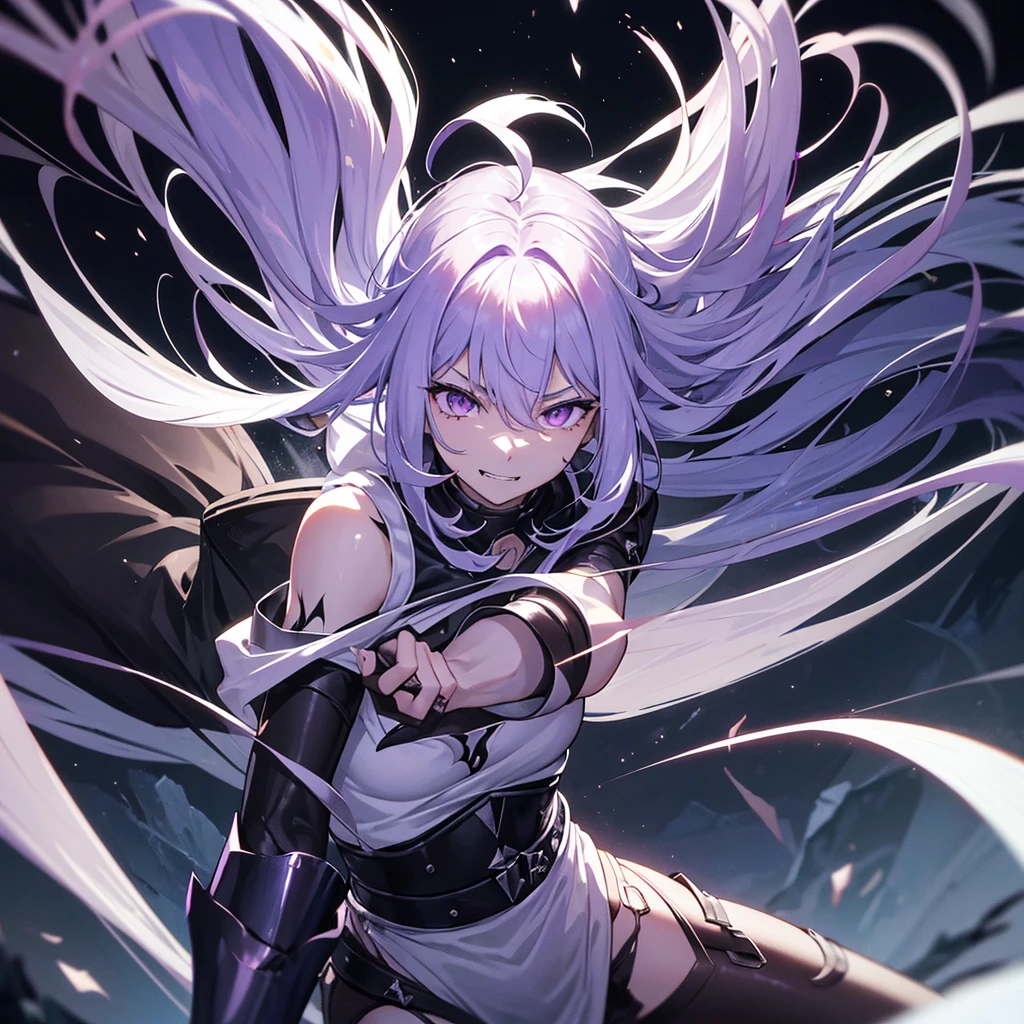 combat position, slightly crouched, with tense muscles and closed eyes, about to release energy.
Hair:
- Color: silver white.
- Length: long, up to the middle of the back.
- Motion: disheveled, disturbed by a current of air.
Eyes:
- Color: bright purple, with a slight supernatural glow.
- Expression: Intense, decided, reflected ferocity.
Facial features:
- Expression: Pain and determination, slight mind-altering smile.
- Teeth: Sharp and prominent fangs.
body:
- Musculature: toned, showing strength and agility.
- Claws: long, sharp, capable of cutting down mature trees. Emanates a faint dark glow.
- Alas: Extended, sharp como cuchillas, sinister and metallic looking.
outfit:
- Description: Torn combat clothing, revealing parts of his skin. Dark clothes, with metal details.
context:
- Around: dark cave, rough rock walls, hanging stalactites. Rock fragments and dust in the air.
- Lightning: Luz outfit, with purple sparkles from Alice&#39;s eyes and claws.
Additional details:
- Effects: Dark energy particles around his body, supernatural fog.
- Motion: Dynamic, Alice in motion, about to launch.
Emotion:
- Mental state: Uncontrollable rage and determination reflected in posture and expression.