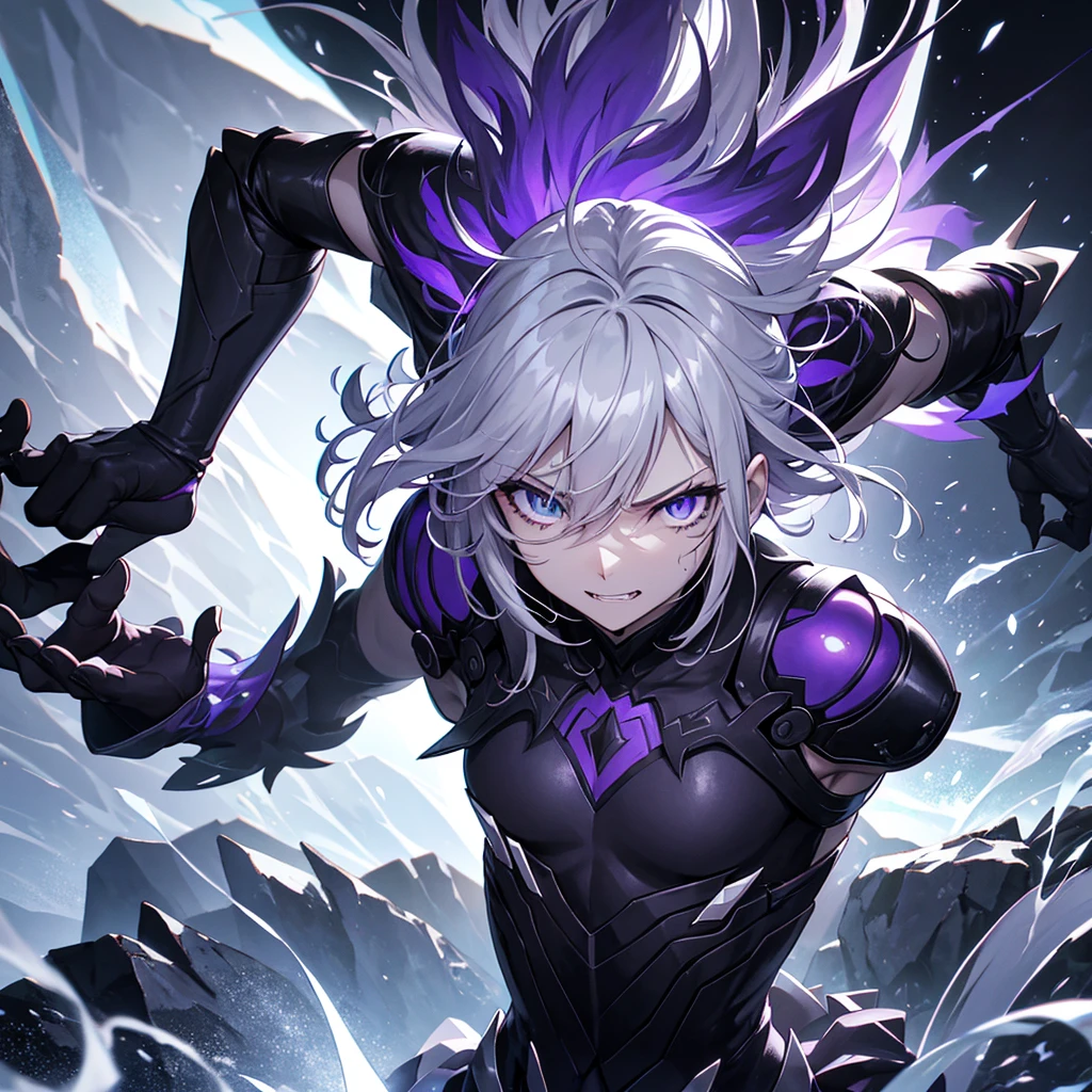 combat position, slightly crouched, with tense muscles and closed eyes, about to release energy.
Hair:
- Color: silver white.
- Length: long, up to the middle of the back.
- Motion: disheveled, disturbed by a current of air.
Eyes:
- Color: bright purple, with a slight supernatural glow.
- Expression: Intense, decided, reflected ferocity.
Facial features:
- Expression: Pain and determination, slight mind-altering smile.
- Teeth: Sharp and prominent fangs.
body:
- Musculature: toned, showing strength and agility.
- Claws: long, sharp, capable of cutting down mature trees. Emanates a faint dark glow.
- Alas: Extended, sharp como cuchillas, sinister and metallic looking.
outfit:
- Description: Torn combat clothing, revealing parts of his skin. Dark clothes, with metal details.
context:
- Around: dark cave, rough rock walls, hanging stalactites. Rock fragments and dust in the air.
- Lightning: Luz outfit, with purple sparkles from Alice&#39;s eyes and claws.
Additional details:
- Effects: Dark energy particles around his body, supernatural fog.
- Motion: Dynamic, Alice in motion, about to launch.
Emotion:
- Mental state: Uncontrollable rage and determination reflected in posture and expression.