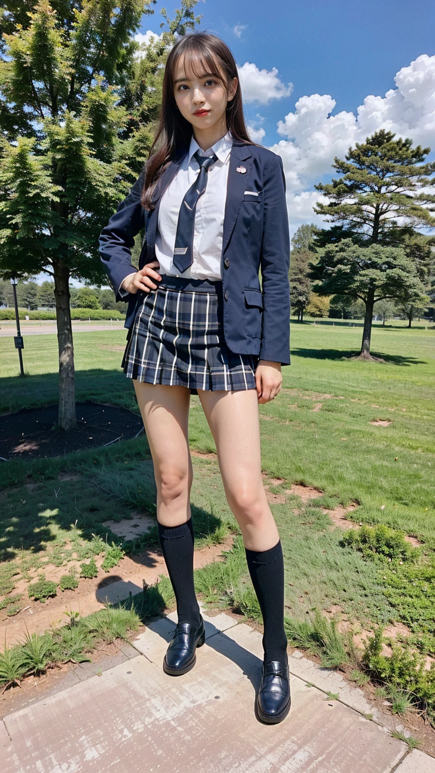 (8K、RAW Photos、Highest quality、masterpiece:1.2)、(Realistic、Realistic)、1 Girl、((Black Check Mini Skirt、High School Uniform、blazer、Navy Socks、loafers、garden、View from the front、Looking into the camera、Stand with hands on hips))、cute