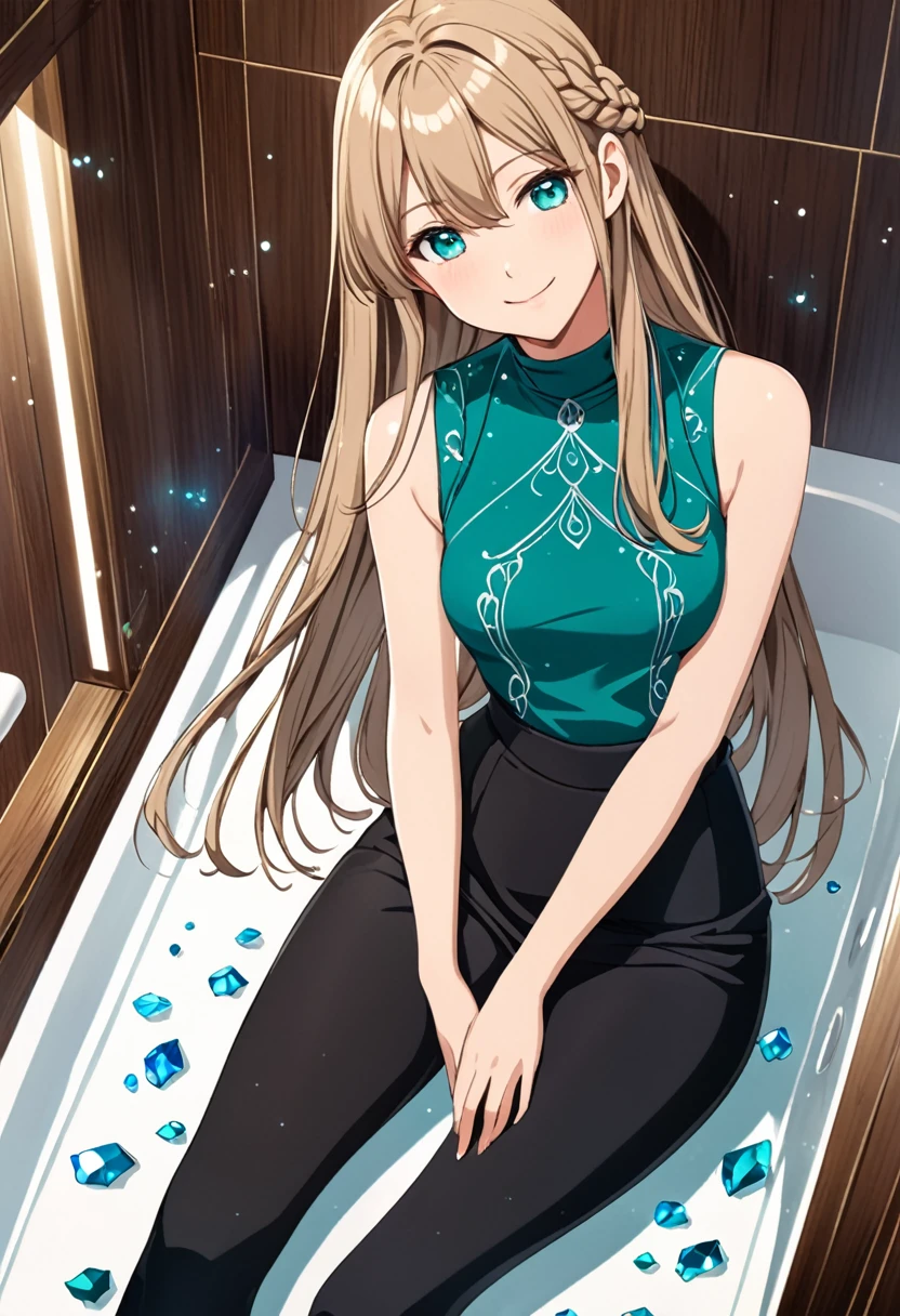 solo, 1, tall, old figure, (straight hair with braid end (dark blonde)), beautiful face, (close mouth:1.2), smiling softly, small breast flat, teal colored crystal themed sleeveless mock-neck dress, black leggings pants and skirts overlay, bathromm, anime style