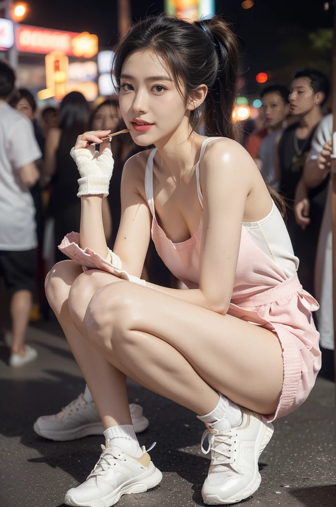 (((best quality))),(((ultra detailed))),(((masterpiece))),illustration,((1 beautiful girl,solo)),((slim,thin)),((small breasts,flat chest)),summer night,metropolis,barbecue joint,humble,vibrant energy,city that never sleeps,(short ponytail:1.2),(((female orgasmic,blush))),(sweat:1.3),(shiny skin:1.5),(sheer apron:1.3),((bare shoulders,bare arms)),(gloves:1.3),((slender legs,sneakers)),lightweight,practicality,style,sizzling hot grill,smooth,tanned skin,soft glow,skillfully,skewers,meat,intense concentration,bright eyes,alert,passion for work,atmosphere,vibrant,dynamic,laughter,conversation,sizzle,crackle,aromatic scent,tinged,radiant smile,genuine enjoyment,easy manner,warm presence,community,dedication,beauty in simplicity,midst of bustling city streets,outdoor,midnight,((from front,full body)),(surrounded by crowded crowds:1.3)