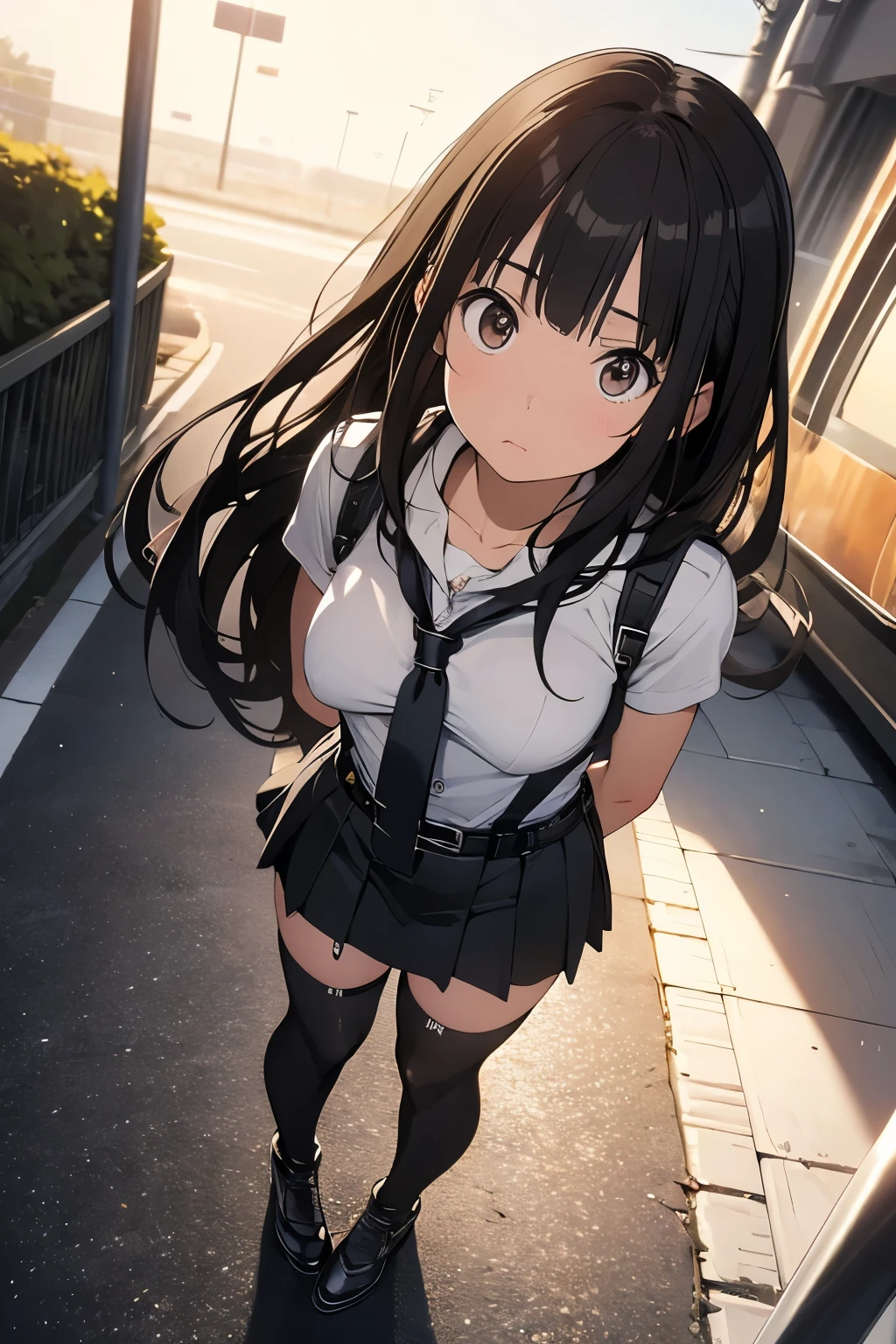 high quality, masterpiece, Ultra-high resolution, (realism: 1.4), Oil painting style, Cinema Lighting, , I stood on the empty asphalt road and looked at it., And the suspenders with the cranes flying Large Breasts Small face holster Lying in bed Looking up Sweat belt summer 脇Sweat Black Hole Gloves suit mini skirt garterbelt Leg Links ズボンにbelt holster Hands behind your back Anxious expression Looking up Anxious face Knee-high Knee socks Knee-highソックス garterbelt garter ふとももにgarterbelt