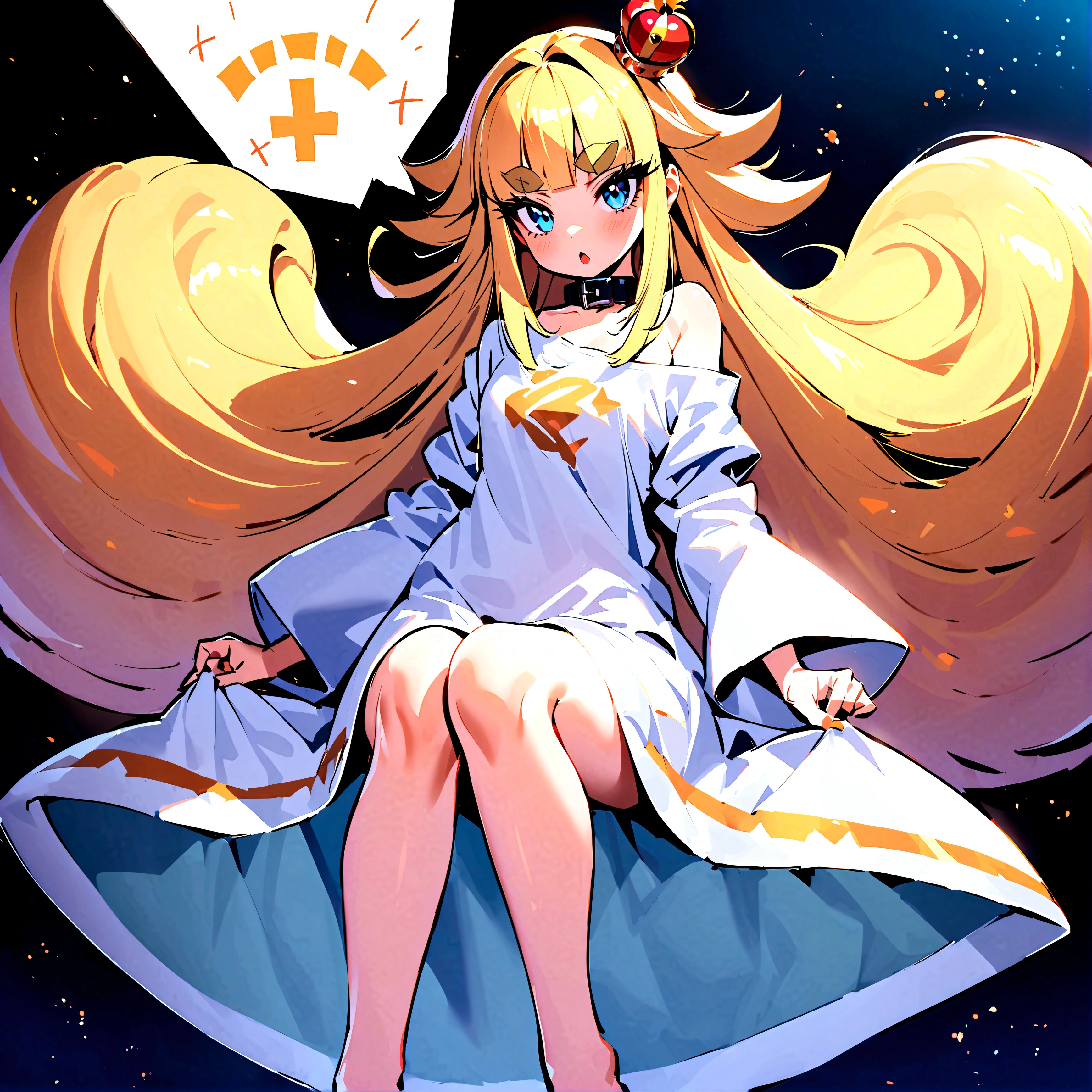 1girl, sdxl-gomon-hime, princess, silver mini crown, flipped hair blonde hair long hair short sidelock shiny hair blunt bangs, blue eyes eyelashes thick eyebrows, toenails +++ white shirt off shoulder long sleeves oversized shirt long shirt wide sleeves, black collar,  +++ drool