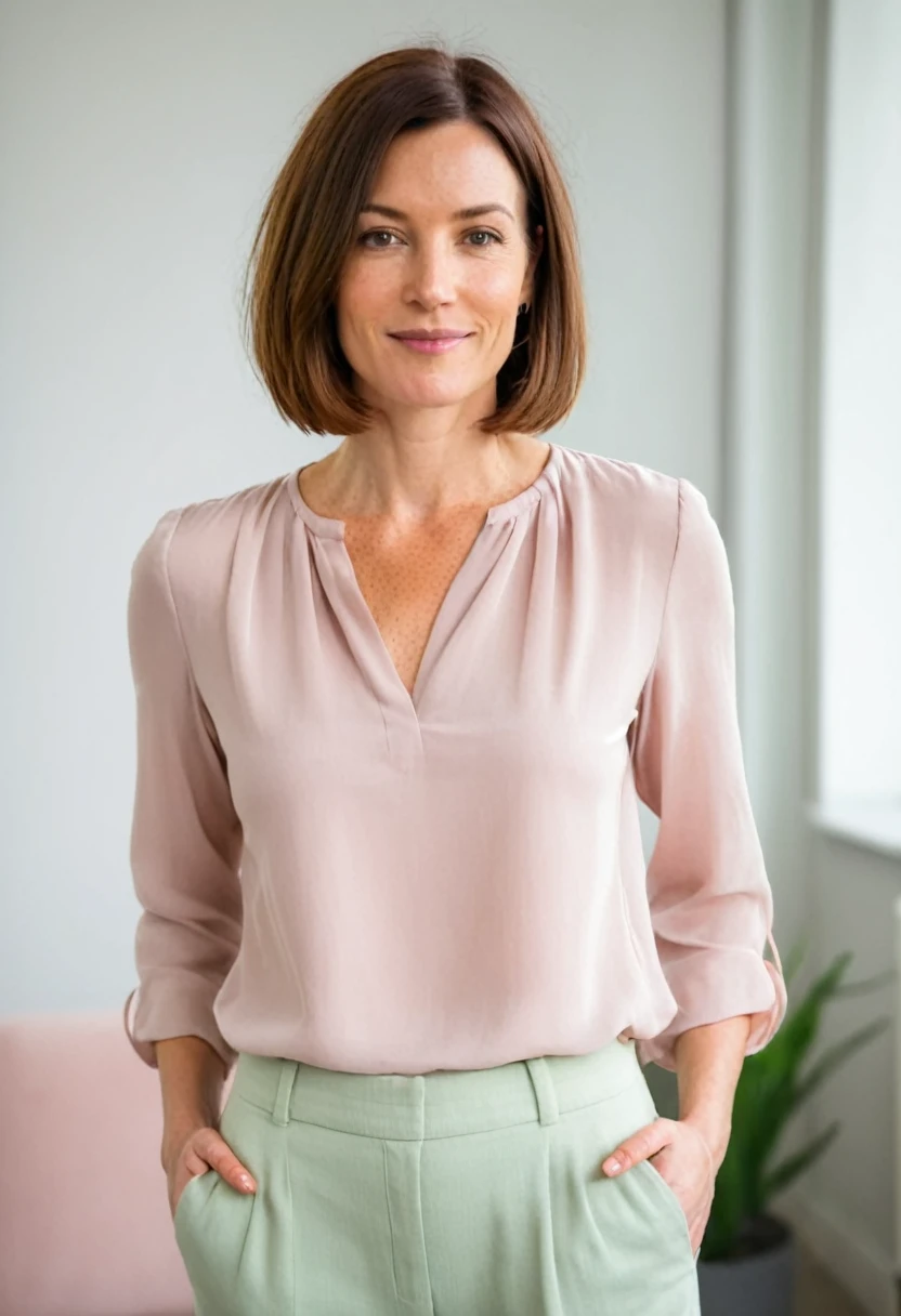 Portrait of Dr. Amanda Eversfield, 38 years old, slender build, 5'7", shoulder-length chestnut brown bob, hazel eyes, fair skin with freckles, wearing a pastel blouse and trousers, professional yet approachable, soft background with a cozy, well-lit room.