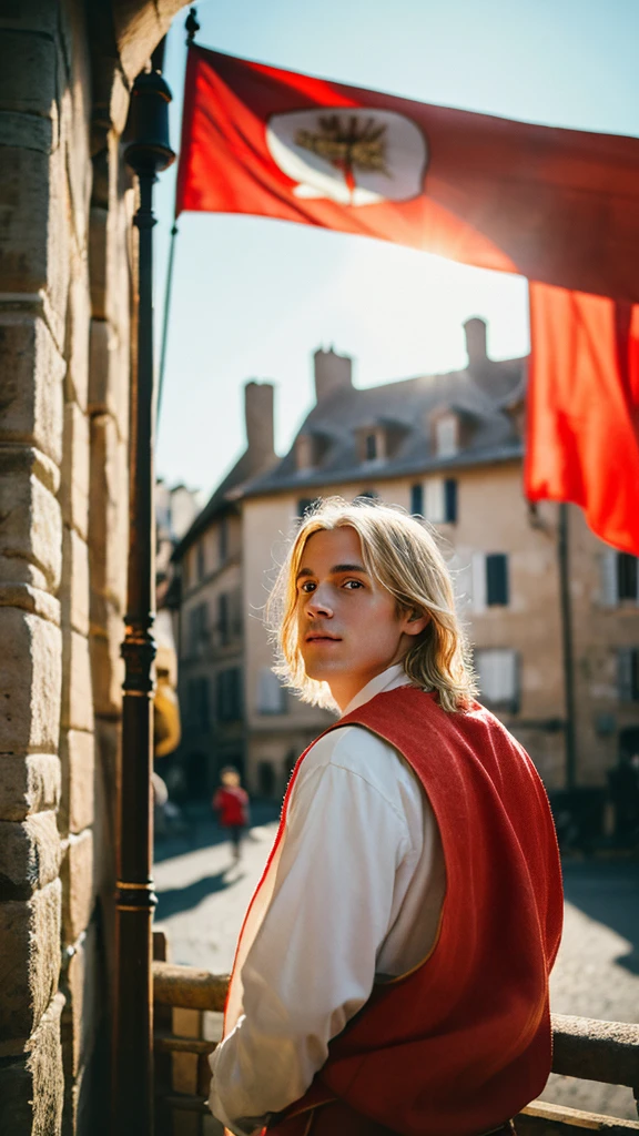 a lot, front, Portraiture, A boy with medium length blonde hair, Outdoor, Backlight, Soft Light, Medieval, France, holding red flag, look up, red, green, white, pants,Kanroji Mitsuri