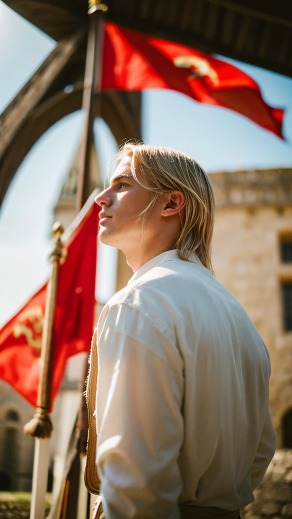 a lot, front, Portraiture, A boy with medium length blonde hair, Outdoor, Backlight, Soft Light, Medieval, France, holding red flag, look up, red, green, white, pants,Kanroji Mitsuri