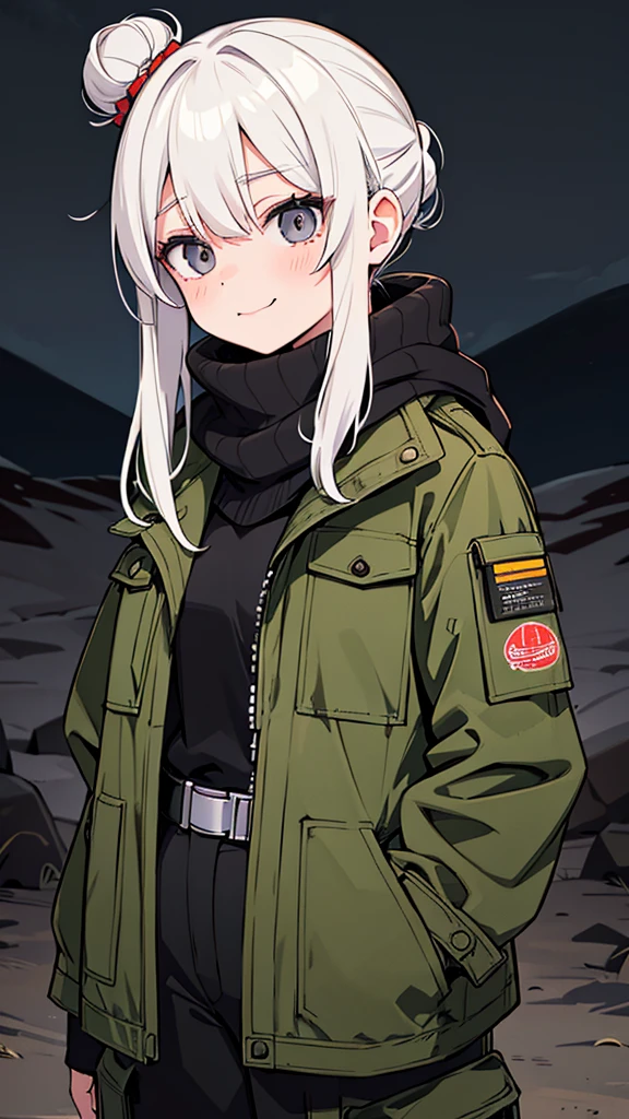 Japanese adult woman, 40-year-old adult, medium-length brown hair, grunge, aesthetic, inumaki, white hair tied into bun, no bangs, pure white hair, plain black turtleneck, lazy, eyebags, ominous, eerie, mysterious, night time, dark, eyebags, bags under eyes, adult woman, olive pants, woodlands camo cargo pants, grunge black turtleneck tucked into camo pants, eerie moorlands background, turtleneck sweater covering mouth, open long coat, black scarf covering mouth, mouth covered, facemask, stern expression, bratty, cocky smile