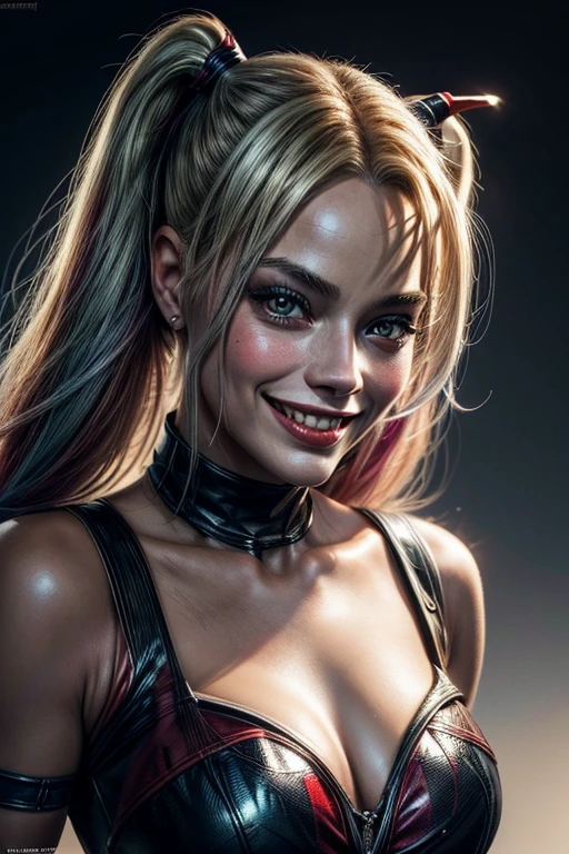 Close up of a woman with a smile on her face, Digital art by Stanley Artgerm, Trending on Artstation, digital art, portrait of Harley Quinn, of Harley Quinn, Harley Quinn, deviantart artstation cgscosiety, wojtek fus, margot robbie as Harley Quinn, extremely detailed Artgerm, Trending on Artstation HD