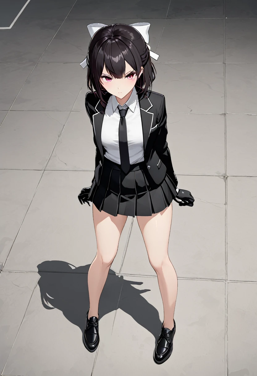 Black miniskirt , black shoes , white dress shirt , View from above , assassin , shorts blazer , black long tie , whole body , bare legs ,  thighs , whole body , pleated skirt , Black gloves , standing posture , White ribbon