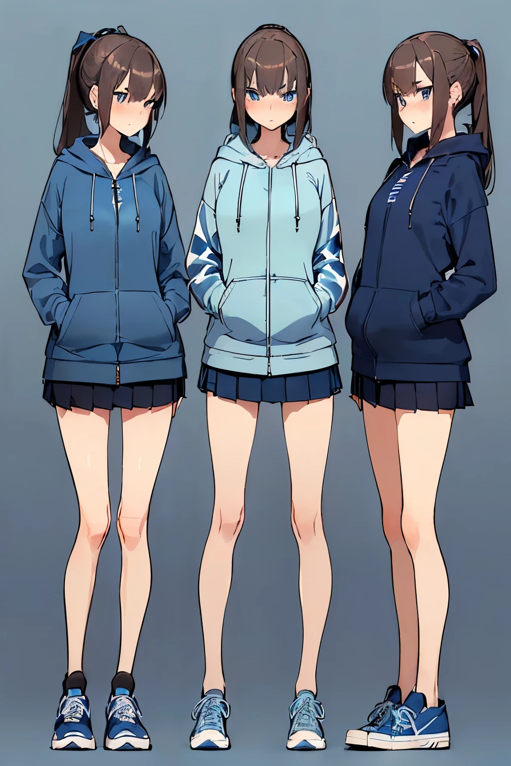 NSFW, ((best quality)), ((masterpiece)), ((detailed)), (((perfect face))), (((slender 18yo age girl))), ((((light blue zip hoodie)))), ((((dark blue pleated skirt)))), ((dark brown hair)), ((short ponytail)), (((blue eyes))), ((sad:1.2)), ((blushing:1.3)), (((standing))), ((((detailed background)))), (((winows))), (((slender hips))), (((slender thighs))), ((((wearing blue sneakers))))