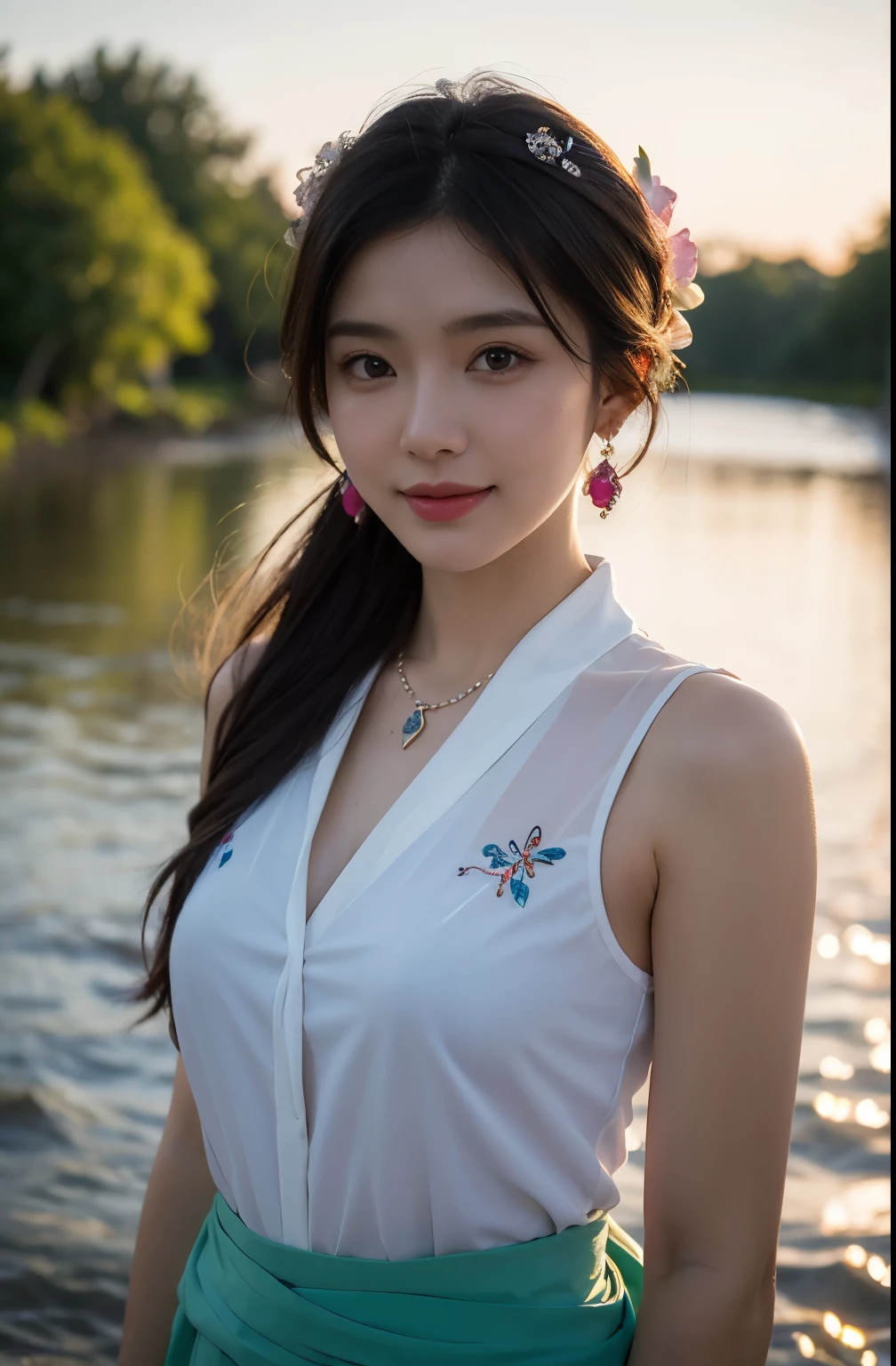 Portrait of lovely woman in bright windy field, River background，watercourse, The fish jumps out of the water，(Backlight),detail， Practical,Upper Body，best quality, detail，Serious, In the shadows, bloom, [[Chromatic Aberration]，Natural skin texture，scarf，Wearing flowers on the head，Tie your hair up，Low-cut，Large Breasts，Deep groin，earrings，necklace，Smile，Transparent Indian Shirt，,Light Blue，Clothes embroidery