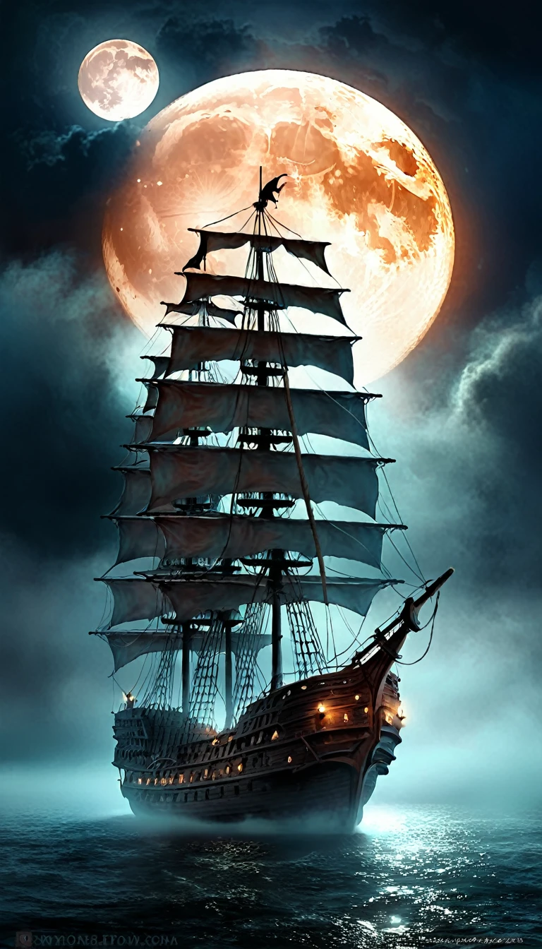 Dark Fantasy Background.Big ghost ship.Misty Moon.Ghost ship with lamp