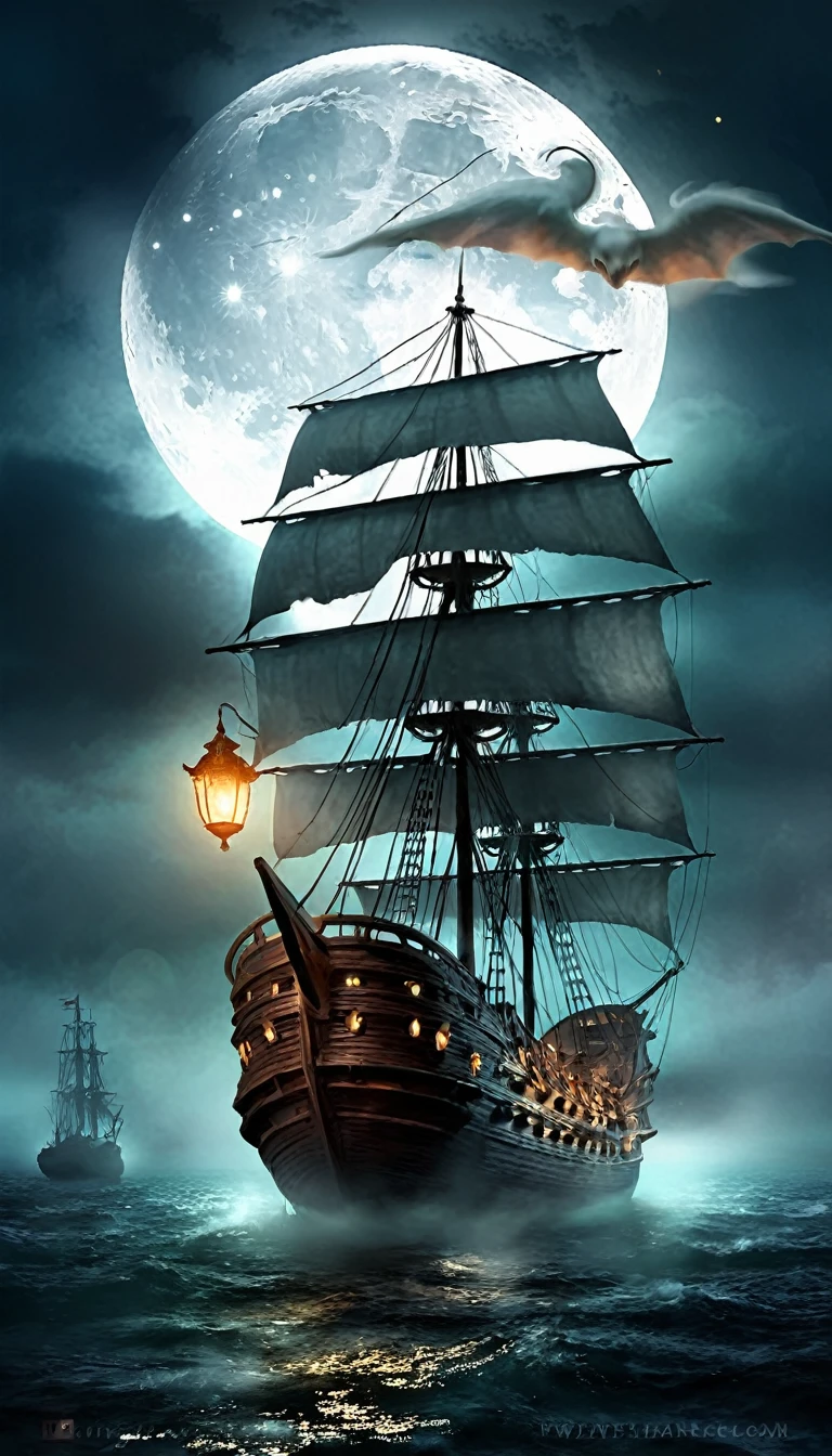 Dark Fantasy Background.Big ghost ship.Misty Moon.Ghost ship with lamp