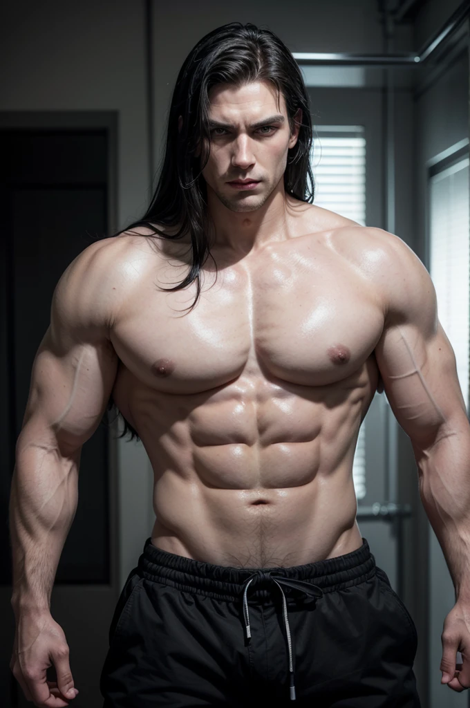 create a hyper-realistic one-man. He is white and handsome, he is domineering. He has long black hair that goes down to his waist and is loose.. Your body is extremely muscular. His expression is dark and nt. He is older and naked his big strong body.