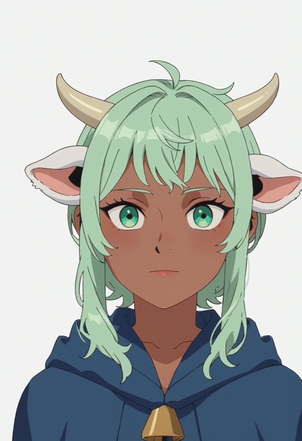 source_anime, score_9, score_8_up, score_7_up, rating_excplicit, 1girl,cowgirl, cow ears, cow horns, solo, dark skin, looking at viewer, dark-skinned female, male focus, bangs, cloak, hood, upper body, soft green hair, robe, androgynous, hood down, :3