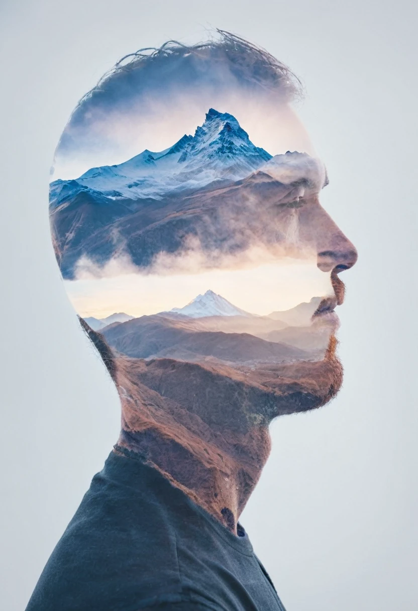 Double Exposure style of a profile picture of a man blended with a mountain