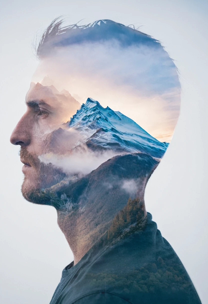 Double Exposure style of a profile picture of a man blended with a mountain