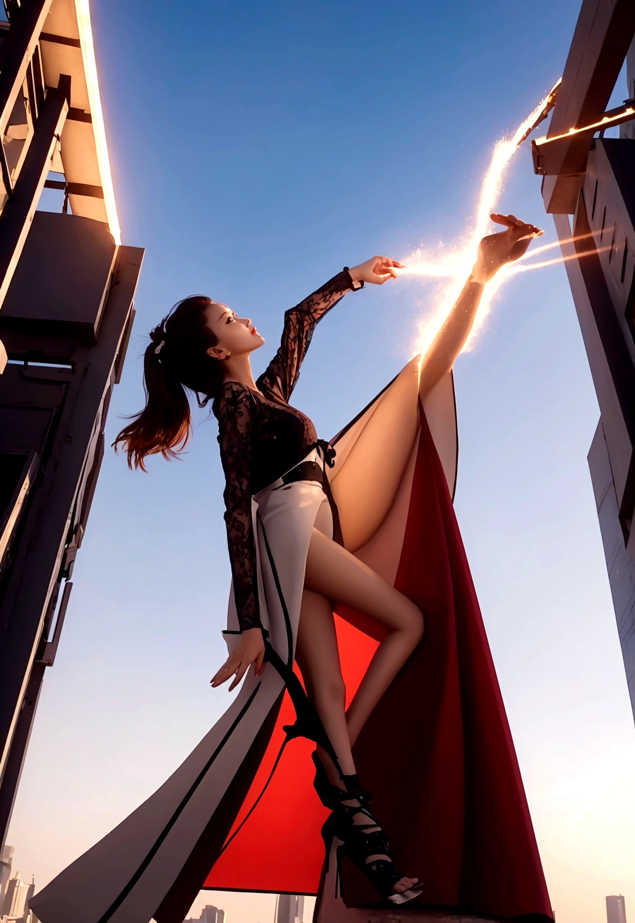 One girl, long legs, look up, epic shot, Fashion style, dynamic pose, realistic style, HD, bright scene, commercial photography, 32k