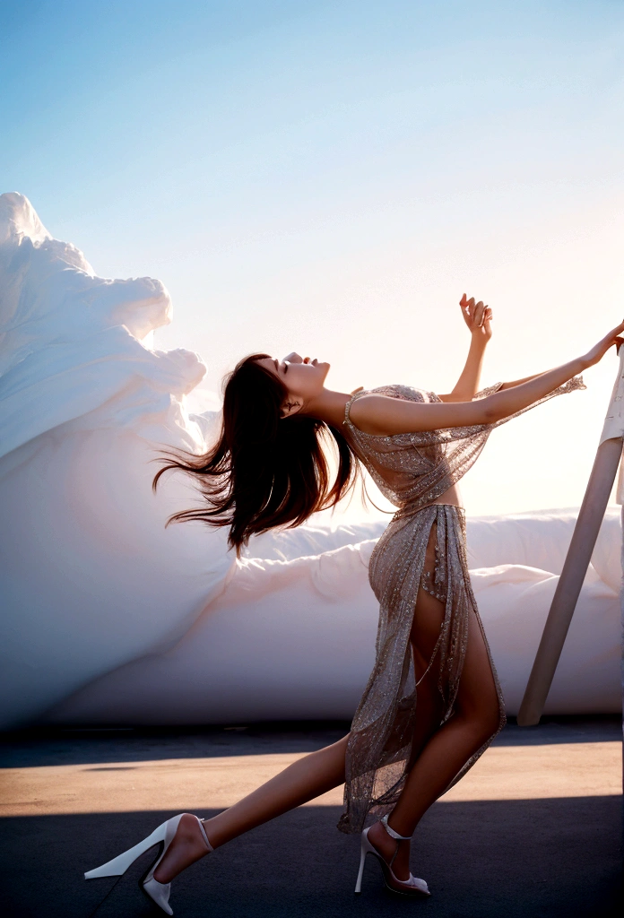 One girl, long legs, look up, epic shot, Fashion style, dynamic pose, realistic style, HD, bright scene, commercial photography, 32k 