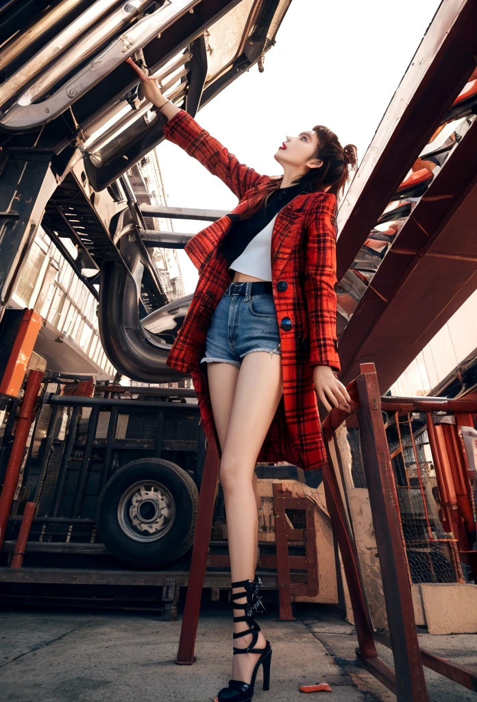 One girl, long legs, look up, epic shot, Fashion style, dynamic pose, realistic style, HD, bright scene, commercial photography, 32k