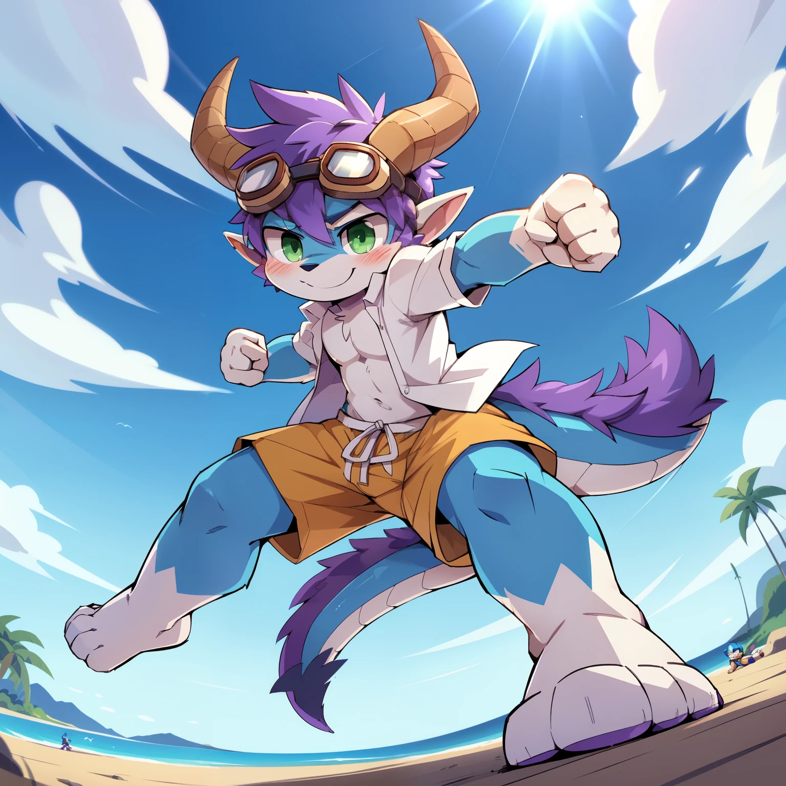 score_9,score_8_up,score_7_up, source_cartoon, source_furry, dragon boy, horns, green eyes, tail, purple hair, shota, furry, blush, dragon tail, looking at viewer, smile, dragon horns, pointy ears, short hair, furry male, (two tone body fur, blue body fur, white body fur), ((goggles, white hawaiian shirt, open clothes, black swim trunks)), clear sky, clouds, full body, feets with three toes, 3 toes, feet towards viewer, from above, dynamic action shot, motion blur, ((fight pose, fight stance, fist, punch, flying, up legs)), 