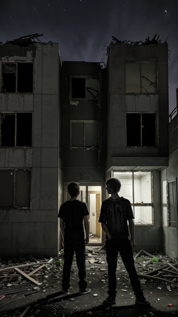 2 teenage boys are standing outside of the abandoned building at night. Old building. Dark night .2 teenage boys