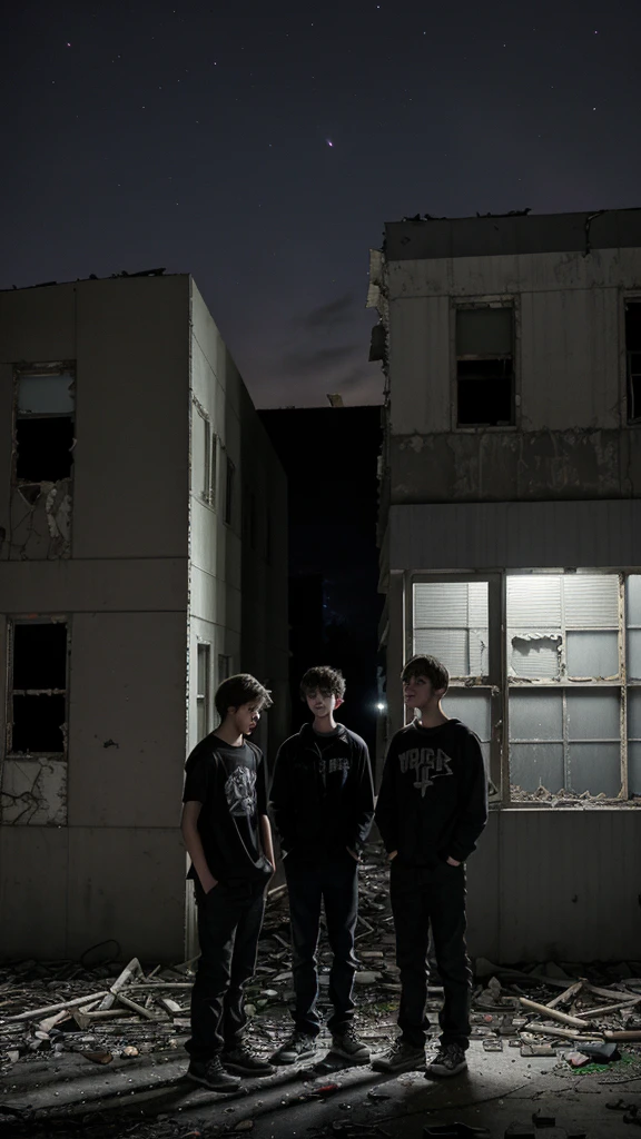 2 age boys are standing outside of the abandoned building at night. Old building. Dark night .2 teenboys