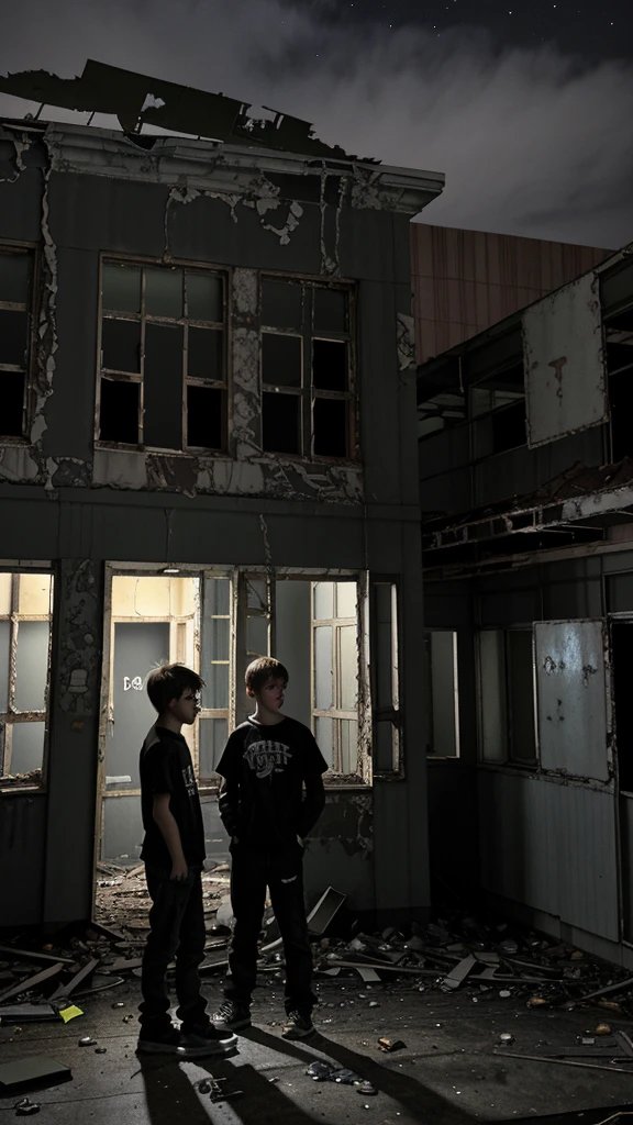 2 teenage boys are standing outside of the abandoned building at night. Old building. Dark night .2 teenage boys