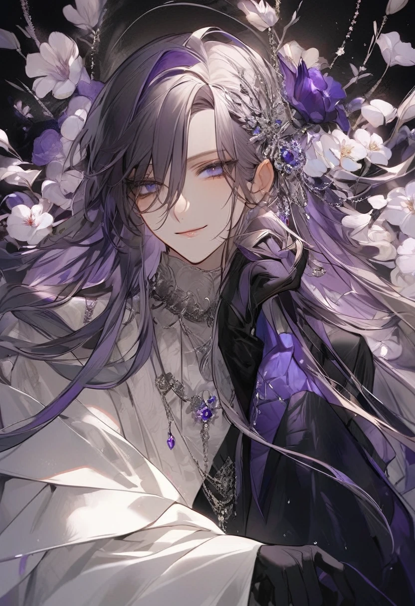 Young boy, soft facial features, smile, squinted siren dark blue eyes without glare, silver and dark purple long loose hair with straight bang, fantasy black clothes with blue and purple elements, long black gloves, model, gorgeous, elegant, lots of silver jewelry, flowers in his hair