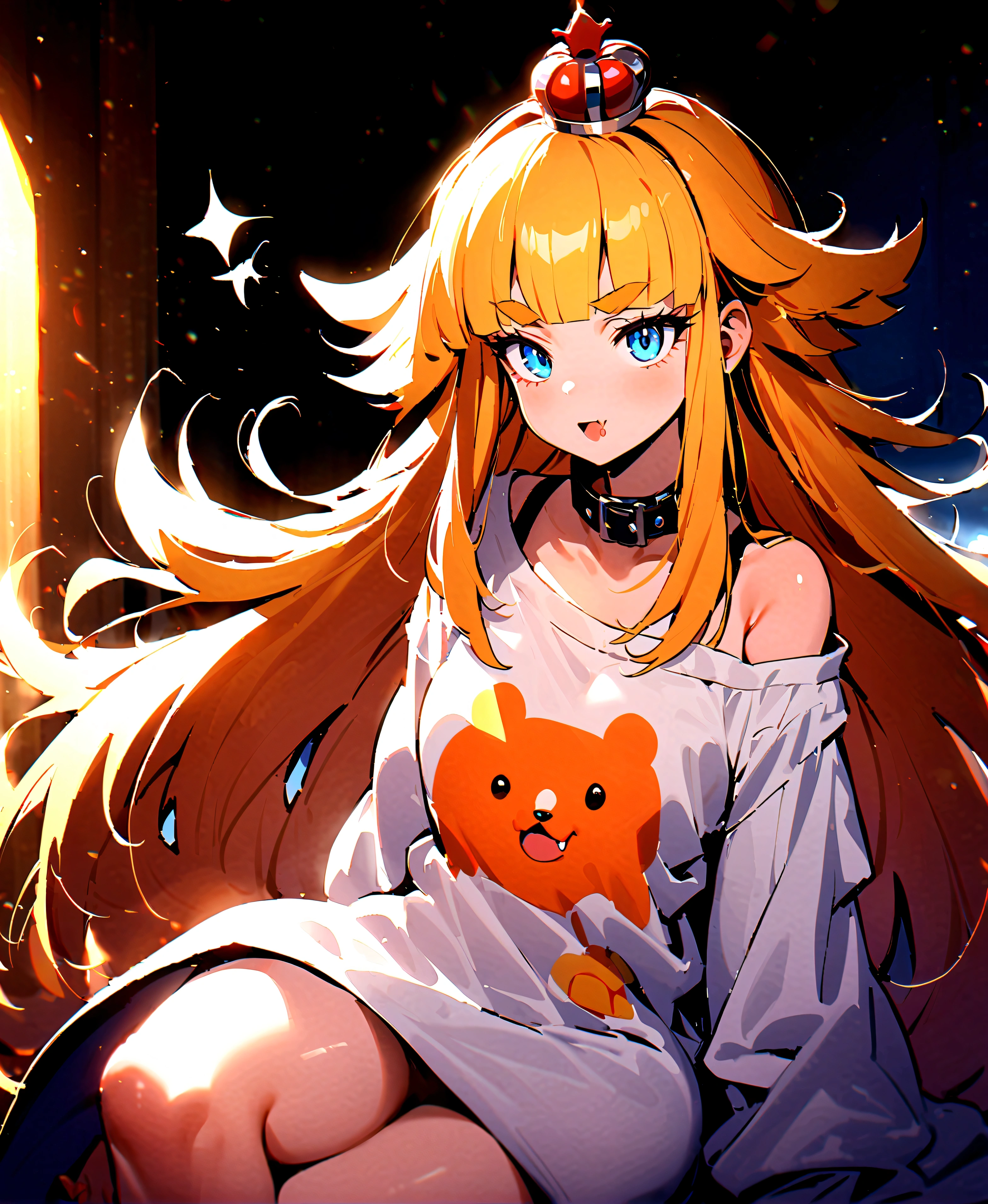 1girl, sdxl-gomon-hime, princess, silver mini crown, flipped hair blonde hair long hair short sidelock shiny hair blunt bangs, blue eyes eyelashes thick eyebrows, toenails +++ white shirt off shoulder long sleeves oversized shirt long shirt wide sleeves, black collar,  +++ drool