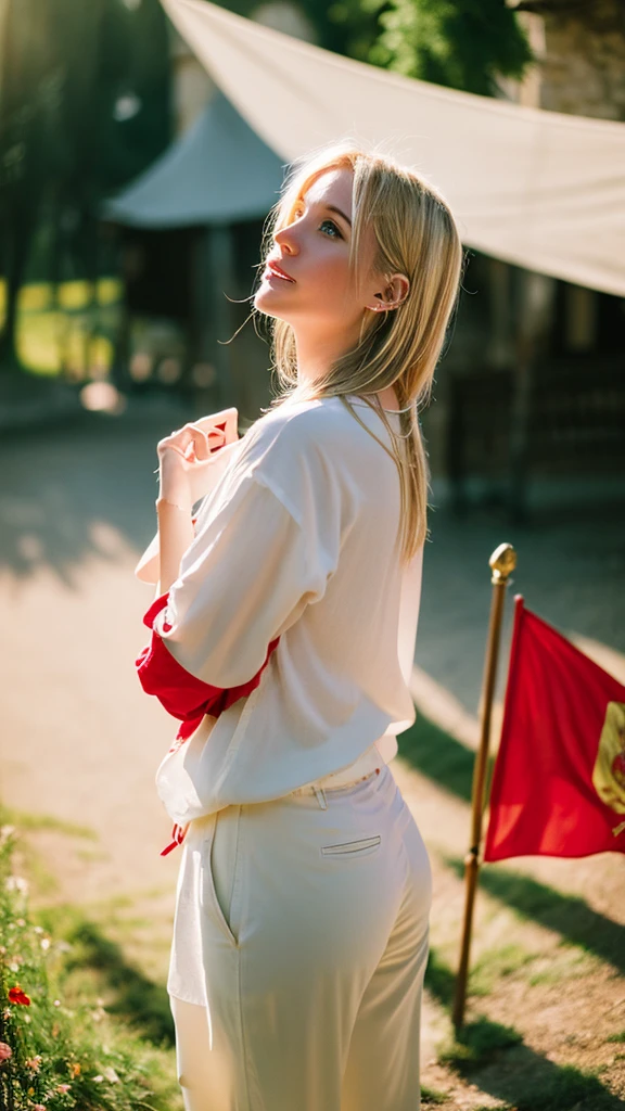 a lot, front, Portraiture, Beautiful girl with medium length blonde hair, Outdoor, Backlight, Soft Light, Medieval, France, holding red flag, look up, red, green, white, pants,Kanroji Mitsuri
