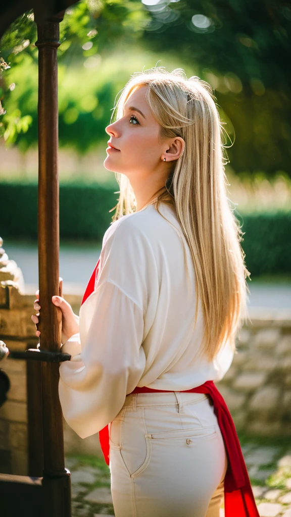 a lot, front, Portraiture, Beautiful girl with medium length blonde hair, Outdoor, Backlight, Soft Light, Medieval, France, holding red flag, look up, red, green, white, pants,Kanroji Mitsuri