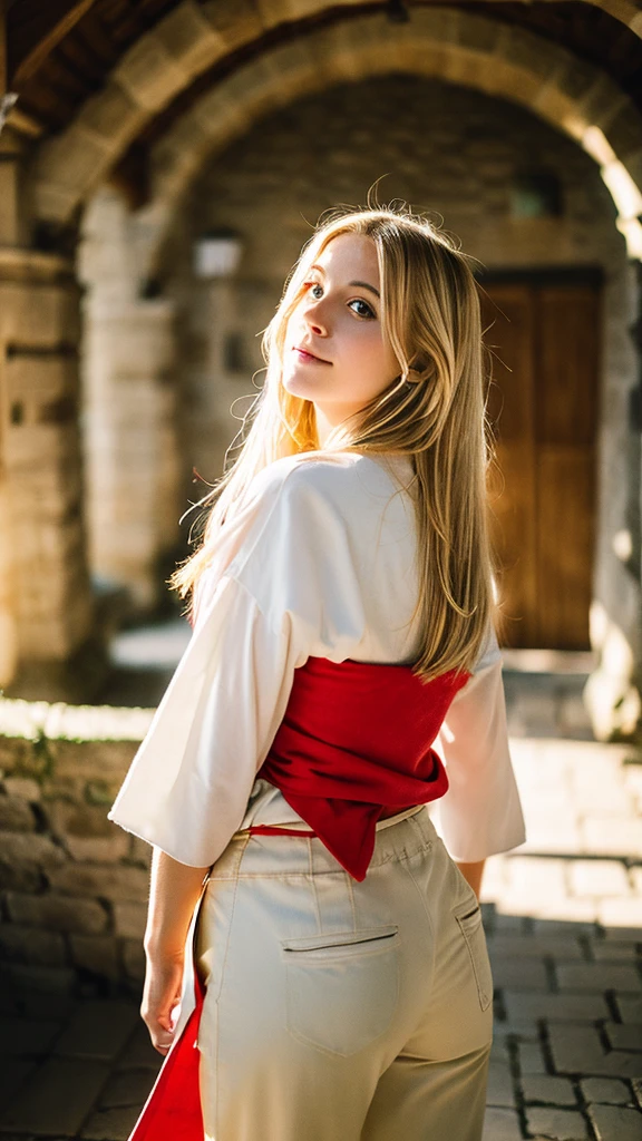 a lot, front, Portraiture, Beautiful girl with medium length blonde hair, Outdoor, Backlight, Soft Light, Medieval, France, holding red flag, look up, red, green, white, pants,Kanroji Mitsuri