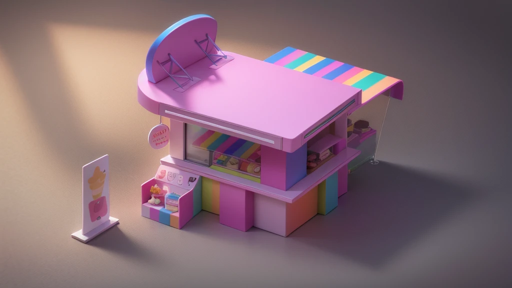 Sunlight streaming in from the right illuminates a vibrant sweet shop. Display cases are filled to the brim with an array of colorful cakes, each intricately decorated in hues that dance with delight. The candy section sparkles with a rainbow of vibrant tones, where every detail is meticulously crafted. Render this scene with rich colors and intricate details, capturing the inviting sweetness and delicate textures of the shop
