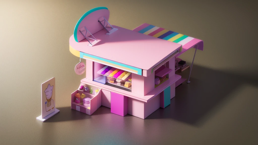 Sunlight streaming in from the right illuminates a vibrant sweet shop. Display cases are filled to the brim with an array of colorful cakes, each intricately decorated in hues that dance with delight. The candy section sparkles with a rainbow of vibrant tones, where every detail is meticulously crafted. Render this scene with rich colors and intricate details, capturing the inviting sweetness and delicate textures of the shop