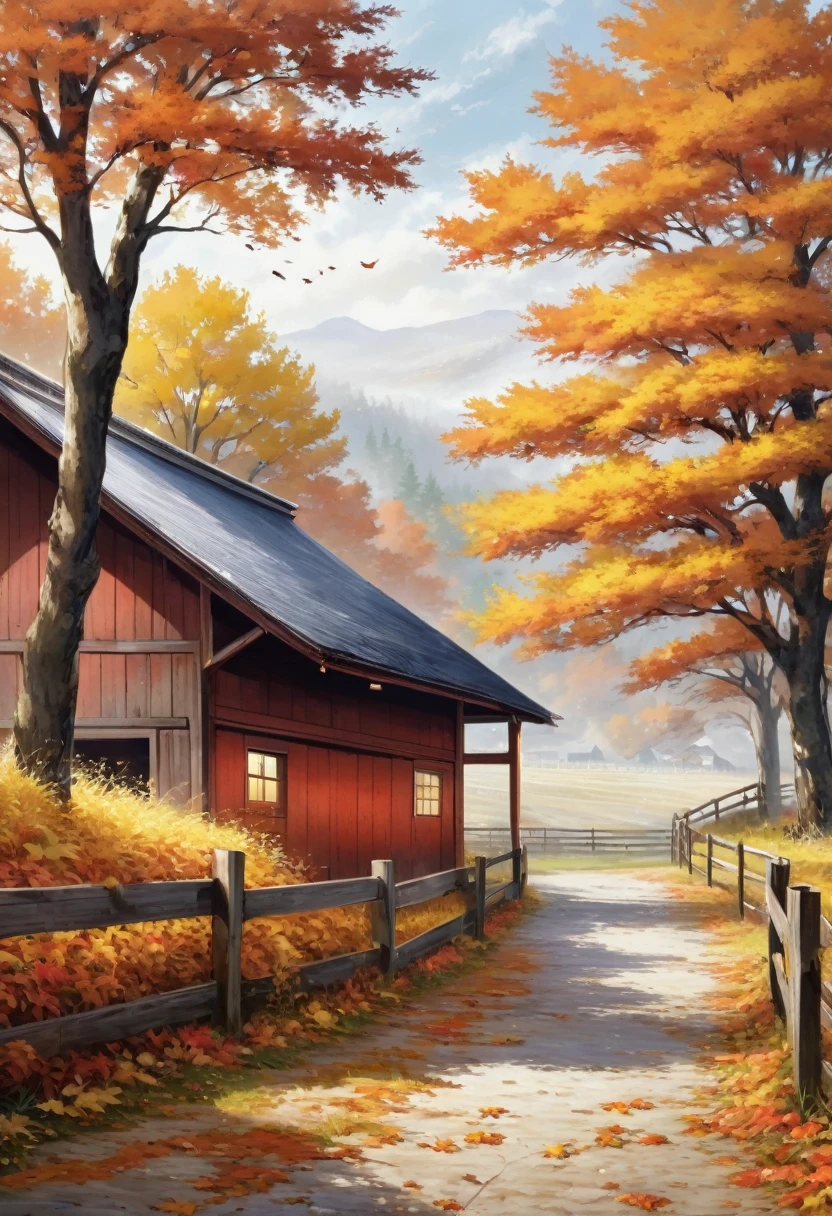 autumn， There is a painting in front of the barn，HD，White background，8K，超HD画质，Masterpiece，Natural texture，Elegant and clear lines，