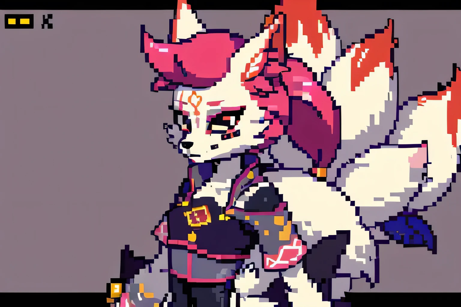 kimiko, furry female anthro, fox girl, white body fur, Pink hair, multiple tails, multi tail, solo, body fur, short ponytail, scar on the eye, masterpiece, ((pixel art, 8 bit))