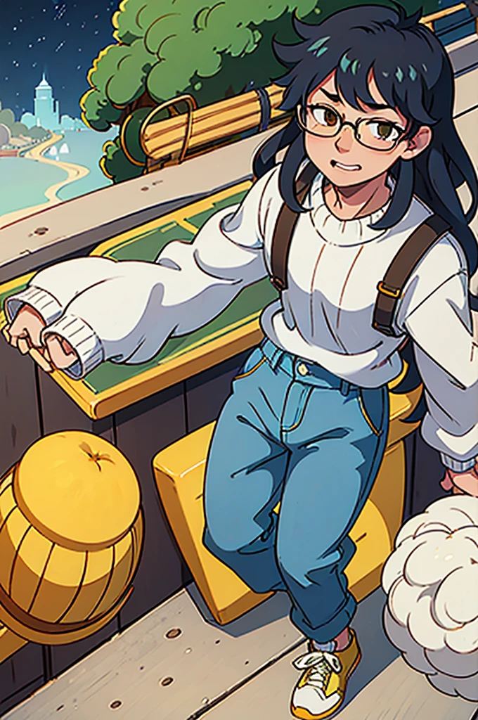 Izuku Midoriya, the protagonist of My Hero Academia, next to a tall boy, White skin, With glasses, long wavy hair, who wears a yellow sweater, blue jeans and flat sneakers, in the background an anime style park