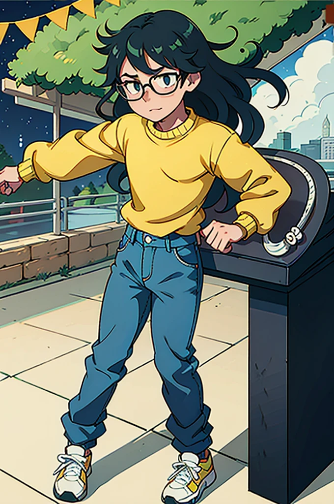 Izuku Midoriya, the protagonist of My Hero Academia, next to a tall boy, White skin, With glasses, long wavy hair, who wears a yellow sweater, blue jeans and flat sneakers, in the background an anime style park
