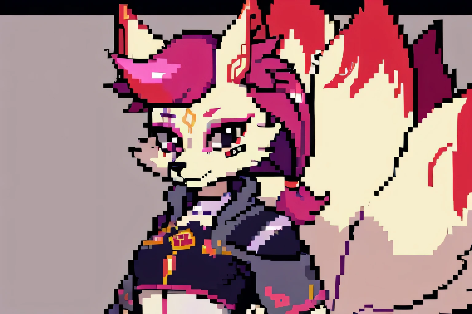 kimiko, furry female anthro, fox girl, white body fur, Pink hair, multiple tails, multi tail, solo, body fur, short ponytail, scar on the eye, masterpiece, ((pixel art, 8 bit))