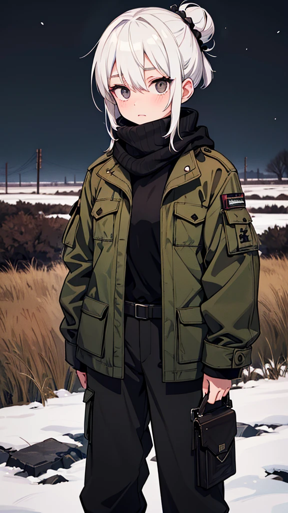 Japanese adult woman, 40-year-old adult, medium-length brown hair, grunge, aesthetic, inumaki, white hair tied into bun, no bangs, pure white hair, plain black turtleneck, lazy, eyebags, ominous, eerie, mysterious, night time, dark, eyebags, bags under eyes, adult woman, olive pants, woodlands camo cargo pants, grunge black turtleneck tucked into camo pants, eerie moorlands background, turtleneck sweater covering mouth, open long coat, black scarf covering mouth, mouth covered, facemask, stern expression, arrogant